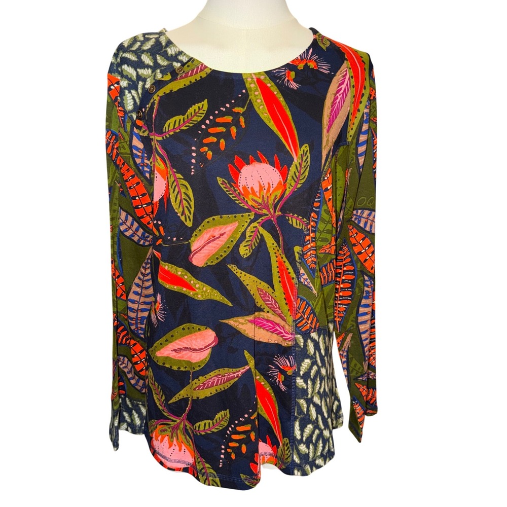 Orientique Tunic Top Womens S Blue Tropical Botanical Long Sleeve Good Stretch